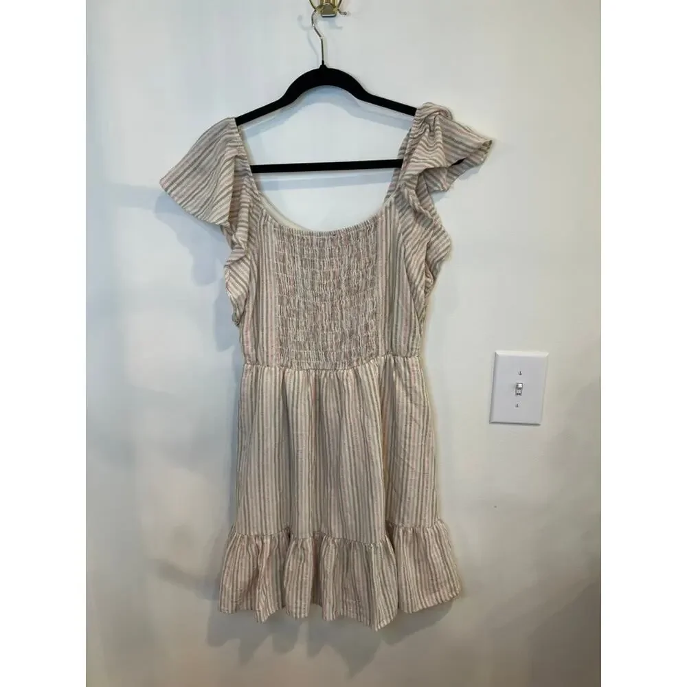As U Wish Boho Striped Mini Dress Ruffle Sleeve Cottagecore Cotton Summer Large - Picture 2 of 4